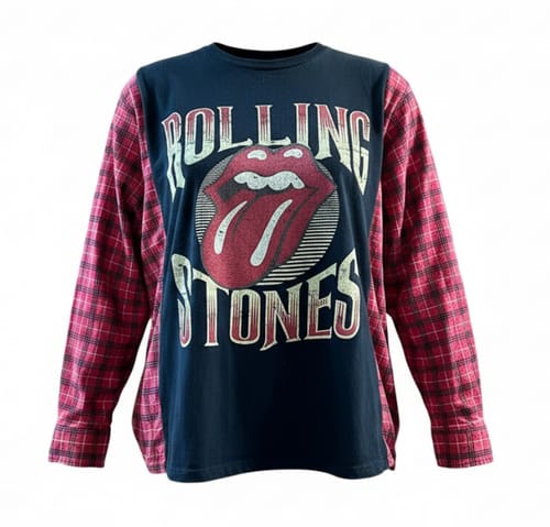 Customer's long-sleeved Rolling Stones t-shirt with red and black plaid sleeves, from the rock t-shirt mix.