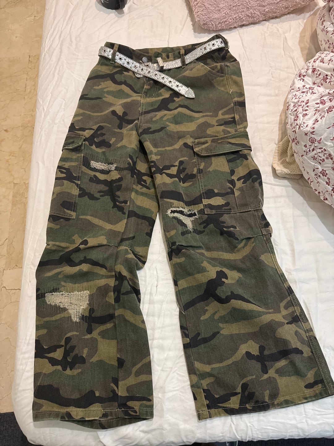 Customer photo review of Woven Ripped Camouflage Flared Cargo Pants - 2410