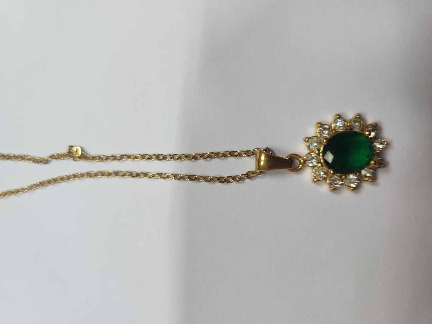 Customer photo review of Green Sapphire and Diamond Halo Pendant