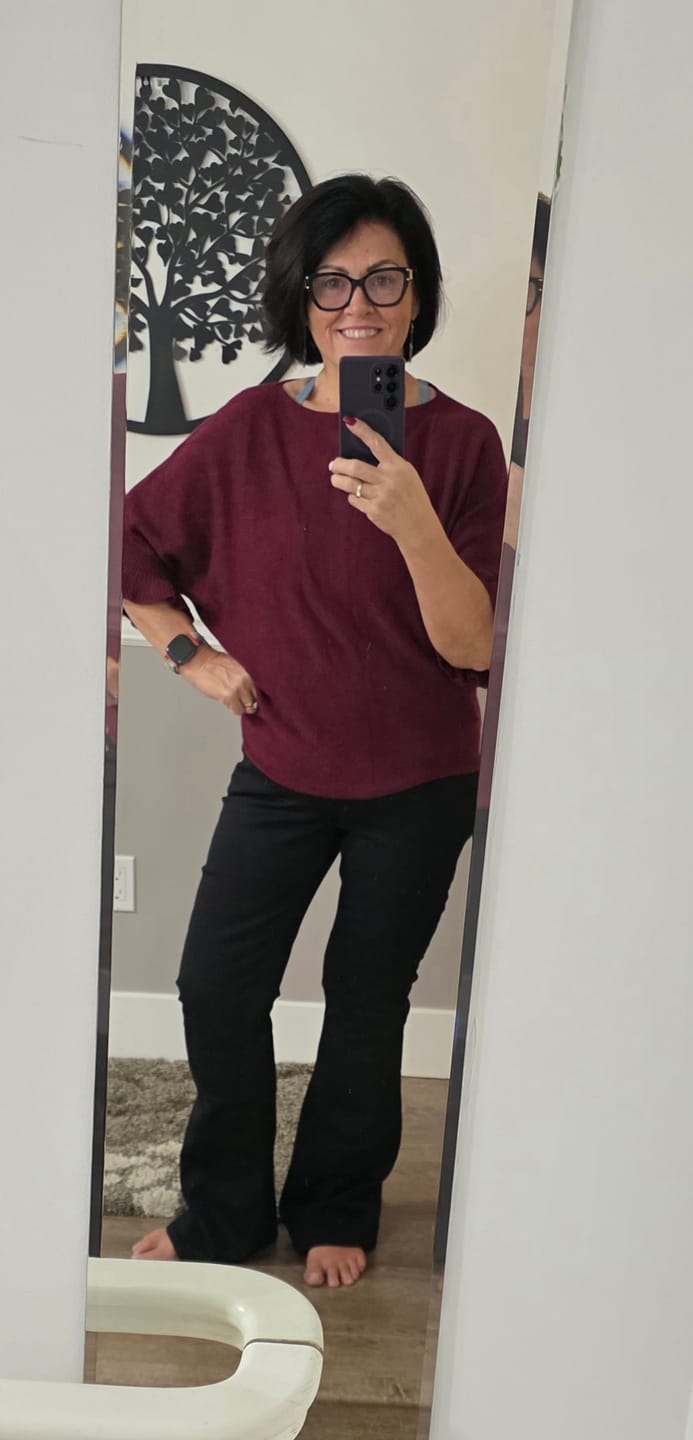 Customer photo review of Meo Knit Flutter Sweater (Burgundy)