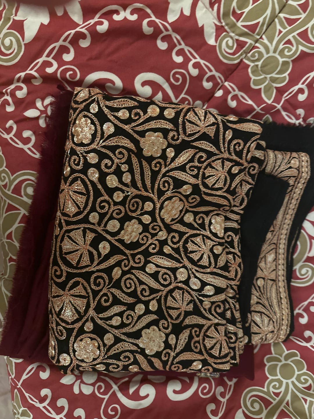 Customer photo review of Elegant Tilla Embroidery on Black Merino Wool Shawl