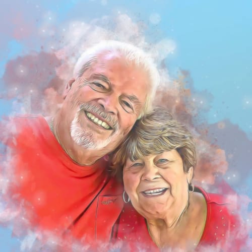 Reviewer's 'The True You' custom art showing a smiling couple with a dreamy red, white, and blue background.