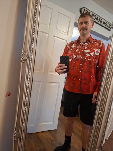 Customer photo review of Men's Christmas Themed Red Vintage Holiday Long Sleeve Shirt
