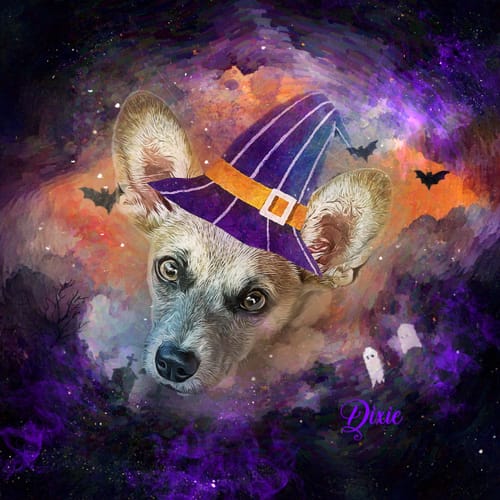 Reviewer's custom Halloween pet portrait of a tan dog wearing a purple witch hat.