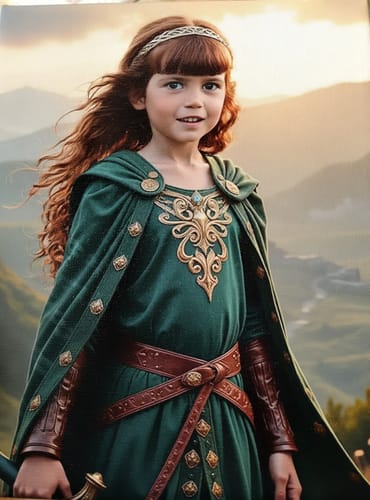 A customer's personalized 'The Celtic Warrior Queen' portrait of a child in an ornate green cloak.