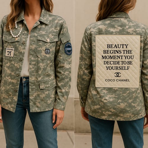 Reviewer showing front and back views of a customized Digital Army Shirt with patches and a large quote patch on the back.