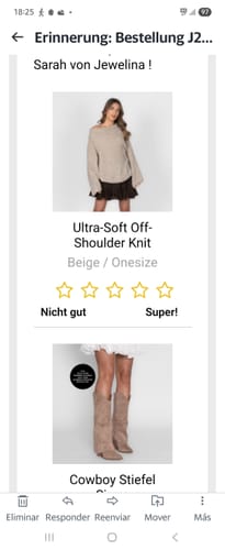 Kunden-Screenshot der Produktseite für den beigen Ultra-Soft Off-Shoulder Knit.