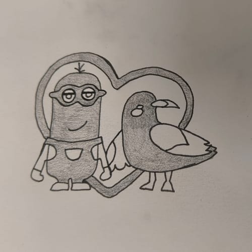 Kundenzeichnung für einen personalisierten Anhänger, die eine Figur mit Brille und einen Vogel in einem Herzen zeigt.