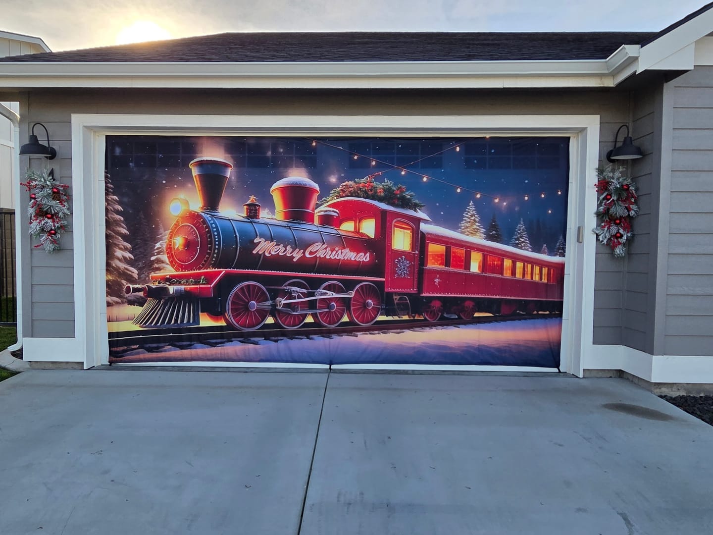 Customer photo review of Red Train of Holiday Cheer Garage Door Cover Banner Decoration - Decor Your Door