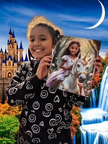 Customer shows a smiling child holding their personalized Lavender Unicorn Princess art print.