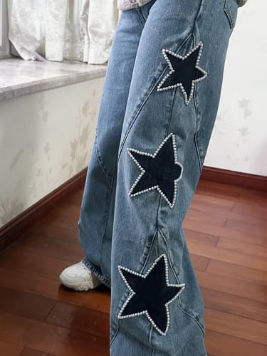 Customer photo review of Jessy Denim Mid Rise Side Star Pattern Pocket Wide Leg Jeans (Shipped Within 24 Hours)