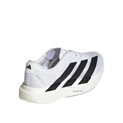 Reviewer's side view of the white adidas Adizero EVO SL Running Shoe with black stripes.