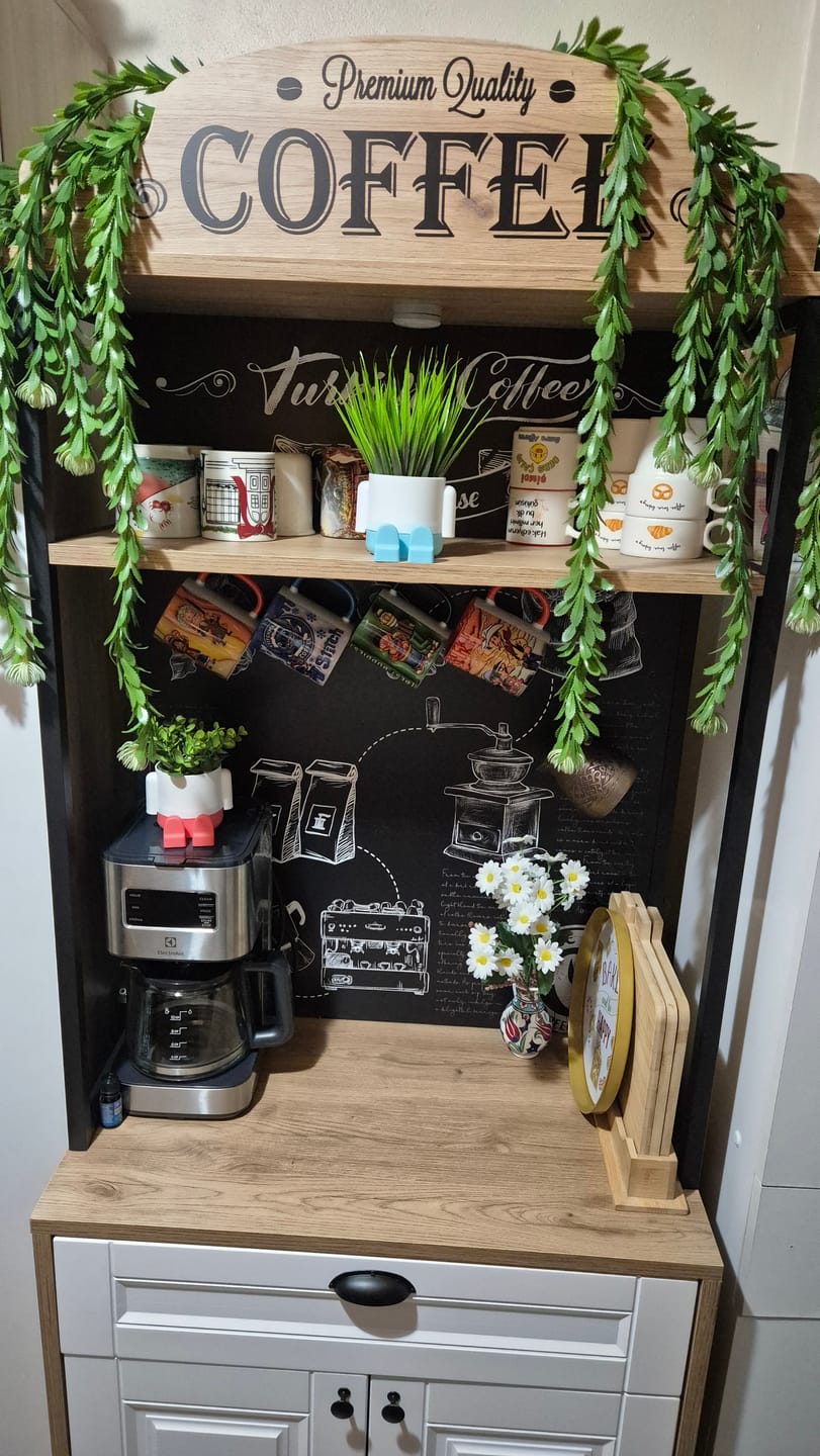 Customer photo review of Rani JE157 Işıklı Kahve Köşesi Membran Kapaklı Çekmeceli Çok Amaçlı Mutfak Dolabı Sepet Ceviz - Beyaz