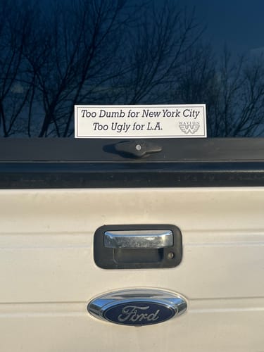Customer photo review of Too Dumb for New York City, Too Ugly For LA Waylon Jennings Bumper Sticker