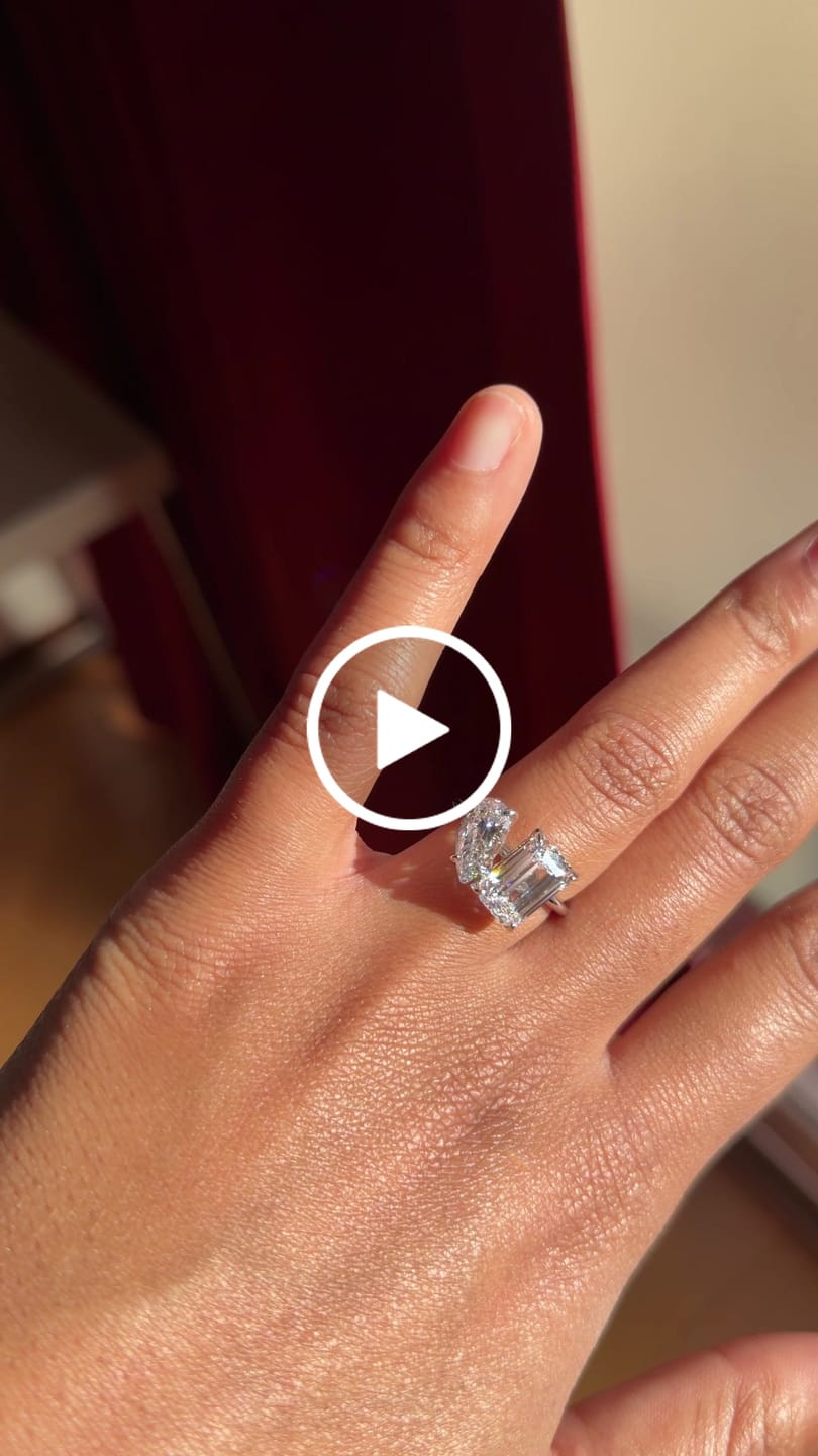 Customer video review of Louily Unique Double Stones Design Emerald Cut & Pear Cut Engagement Ring In Sterling Silver