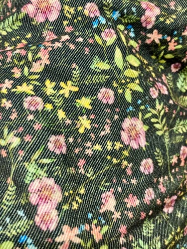 Customer's close-up of the pretty floral print on the Shadow Garden on Navy Needlecord Fabric.