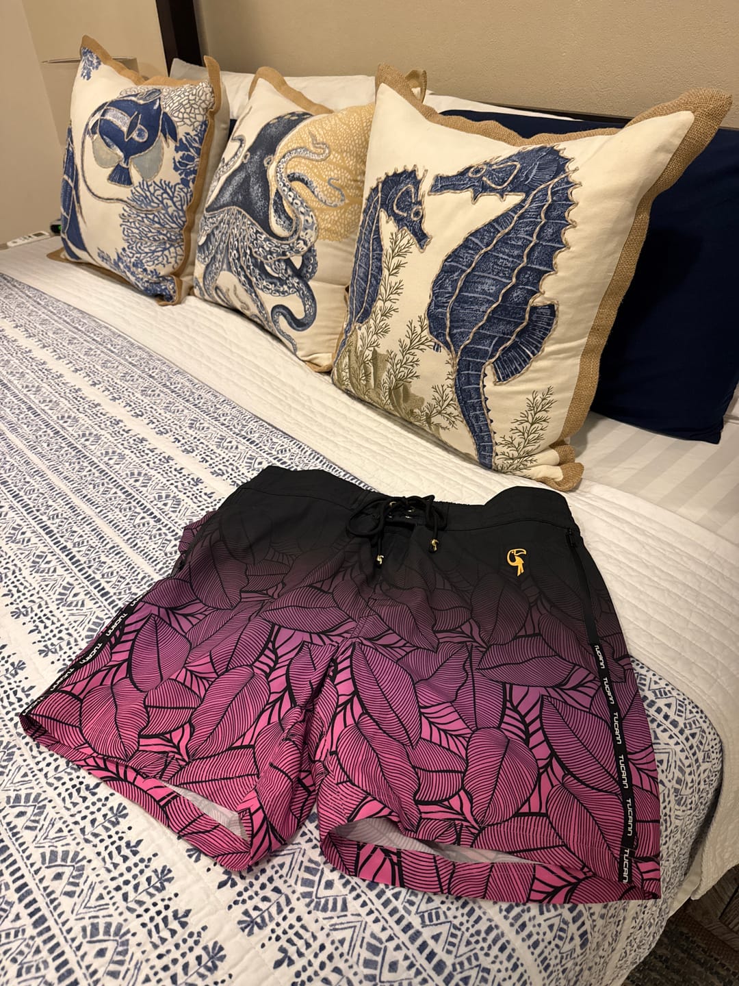 Customer photo review of Black Leaf Magenta Swim Trunks - 5"