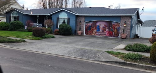 Customer photo review of Fresco of Nativity Scene Garage Door Cover Mural Banner Backdrop