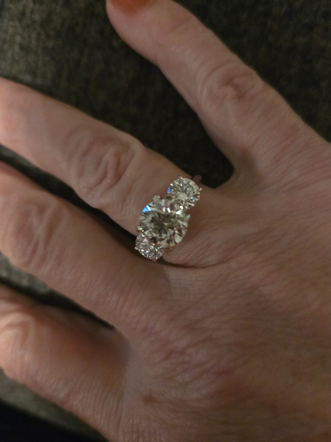 Customer photo review of Iara 3.5 Carat Round Three Stone Lab Grown Engagement Ring in Platinum