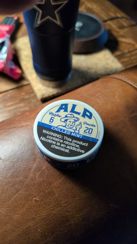 Customer's can of ALP Chilled Mint 6mg nicotine pouches, with 20 pouches, resting on a leather surface.