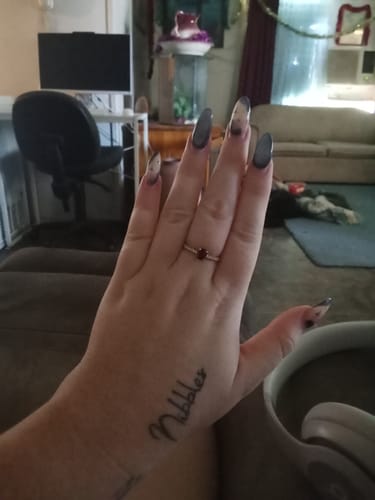 Customer photo review of Pear Cut Rhodolite Garnet & Diamond Ring in 9ct Yellow Gold