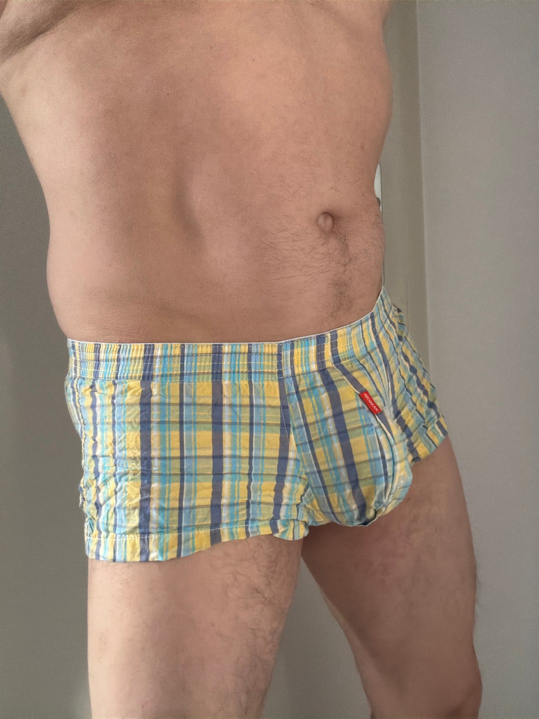 Customer photo review of 3 Pack Men’s Plaid Cotton Trunks with Button Fly