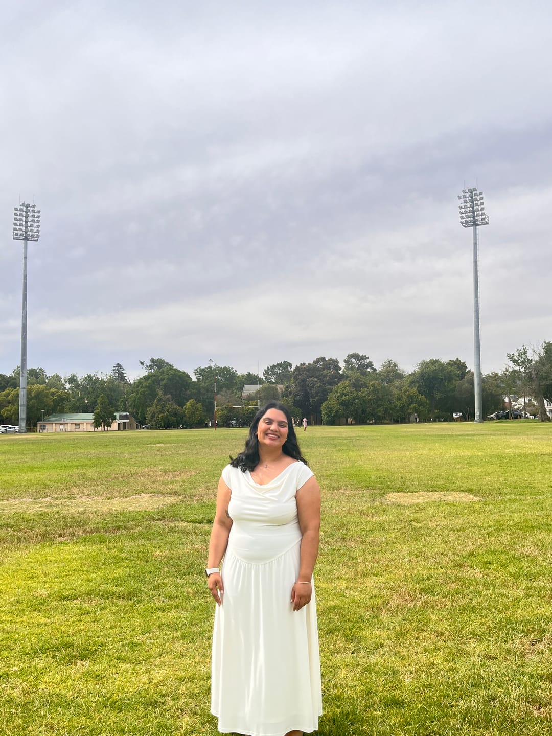 Customer photo review of Cream Cowl Neck Drop Waist Midi Dress