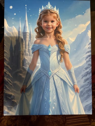 Customer's "The Ice Princess" portrait showing a young girl in a beautiful blue gown and ice crown, with a snowy castle in the background.
