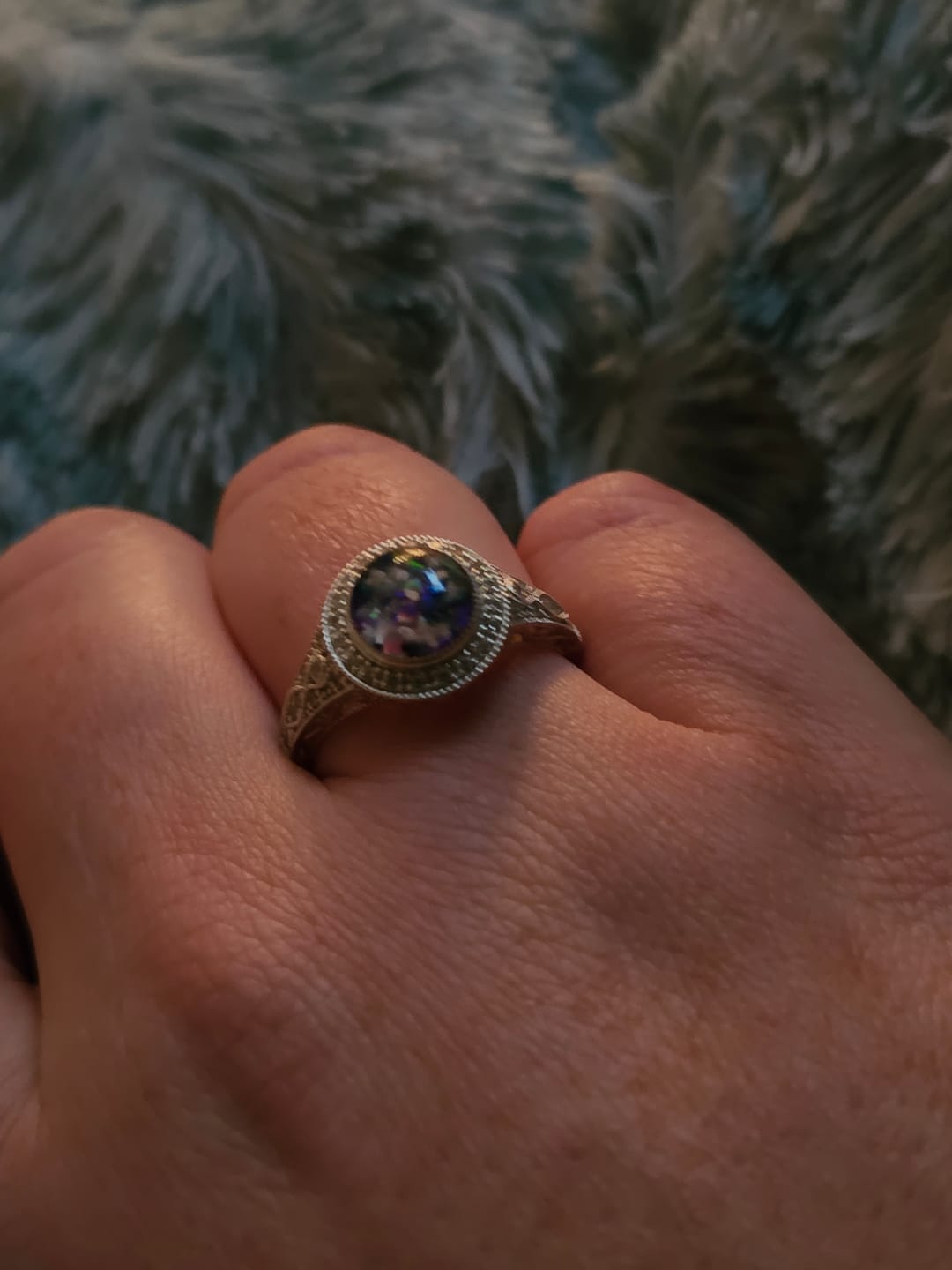 Customer photo review of Bedazzled Filigree Circle Opal Cremation Ring