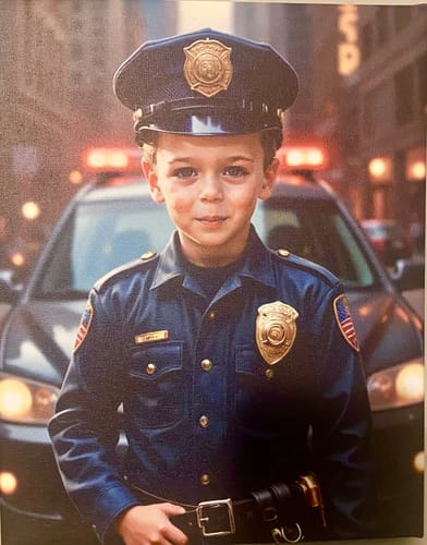 Customer's 'The Police Chief' personalized portrait showing a young boy in a police uniform in front of a car.