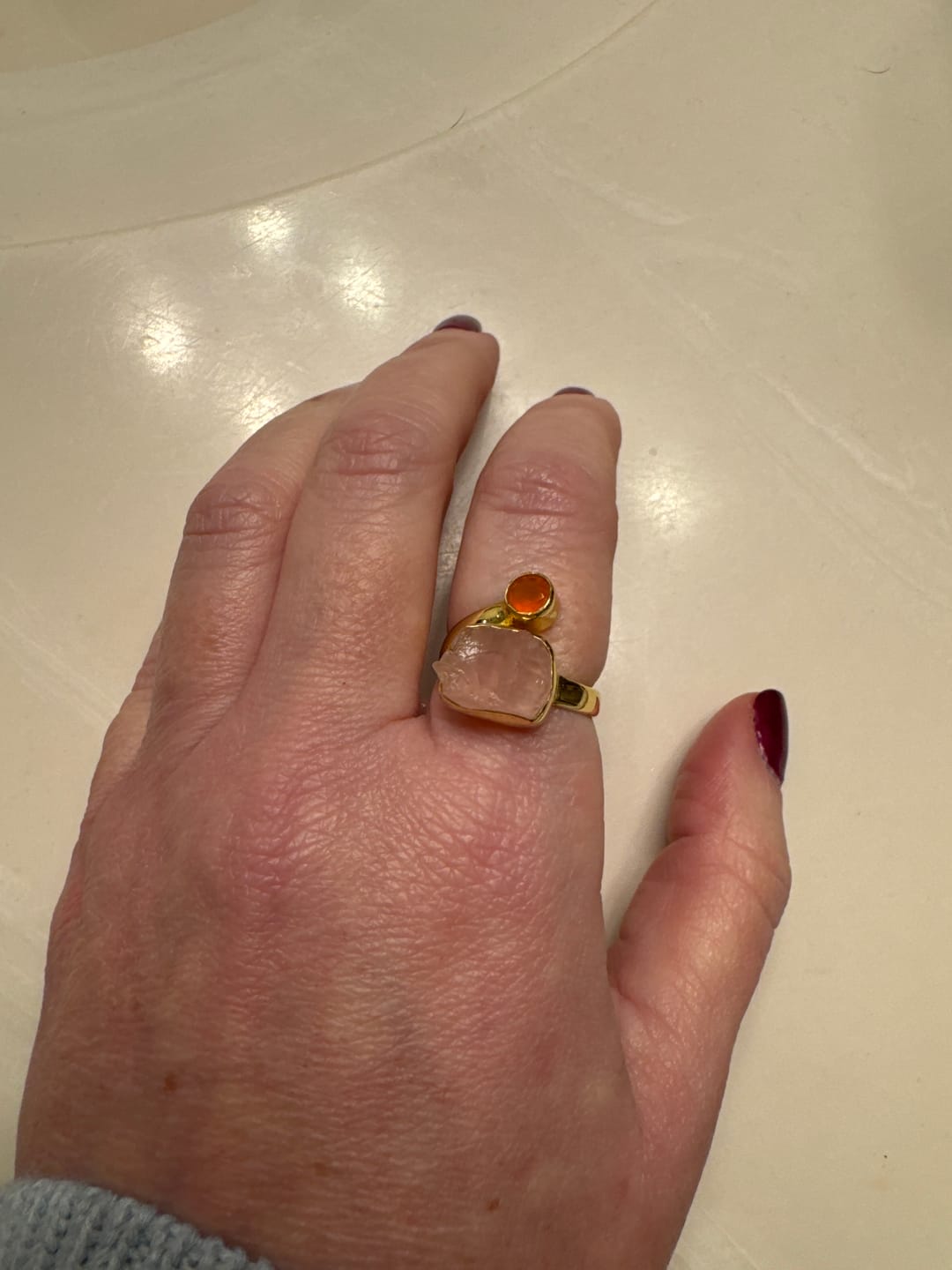 Customer photo review of Rose quartz + Carnelian combination ring