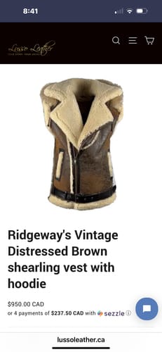 Customer photo review of Ridgeway's Vintage Distressed Brown shearling vest with hoodie