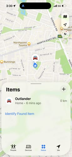Customer's screenshot of the Apple Find My app tracking their car's location using the SPOTMINDERS. Tracking Card.