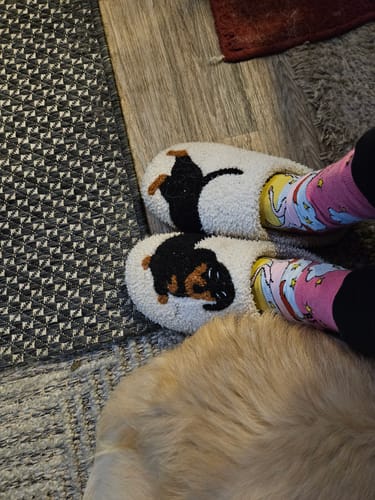 A reviewer's feet wearing the plush Dachshund Slip-on Slippers, showing the cute dog design.