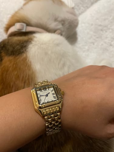 Customer wearing the gold GREALY DE MAINS watch on their wrist, with a cat resting in the background.