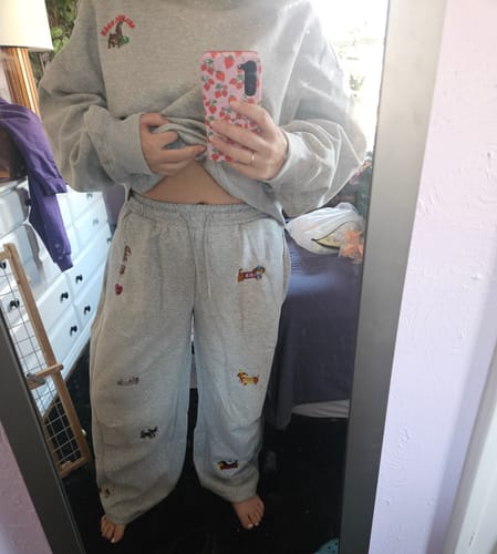 Reviewer in a mirror selfie showing the fit of the grey Aelfric Eden Embroidery Dog Baggy Barrel Sweatpants.