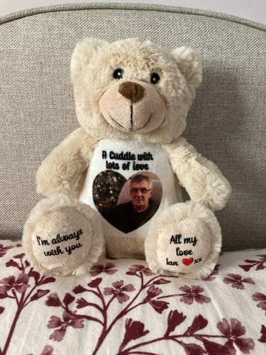 Customer photo review of A Cuddle from Heaven Personalised Photo Teddy Bear