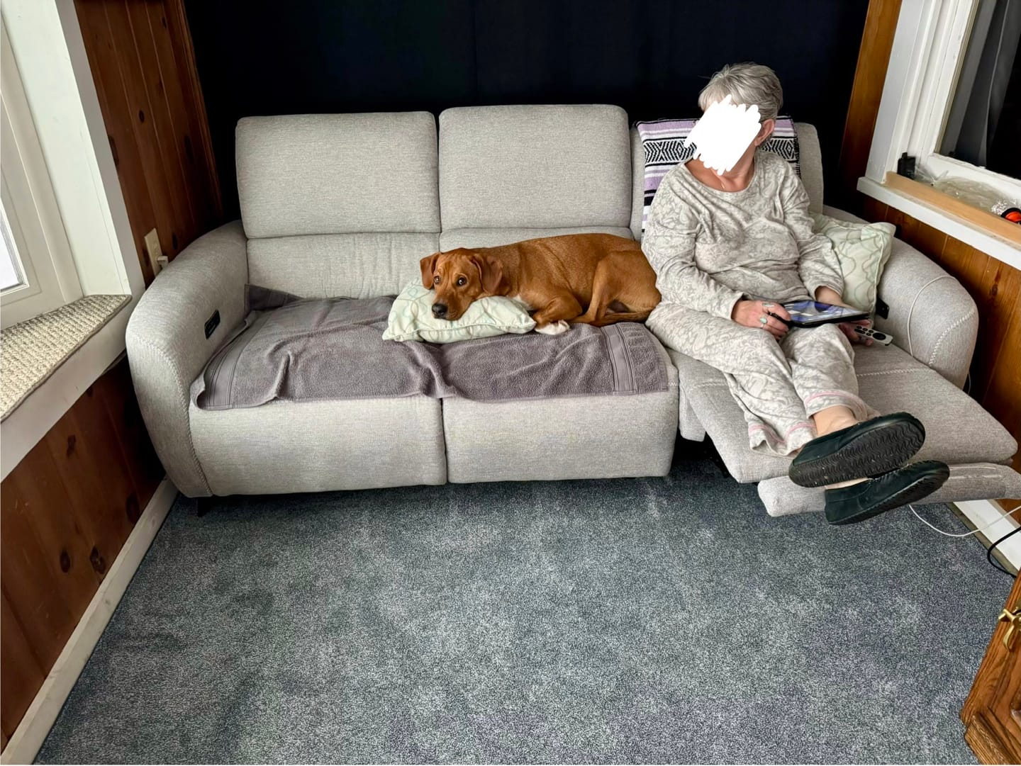 Customer photo review of AeroStretch 3 Seater Power Zero Wall Hugger Reclining Sofa with Drop Down Table Tray