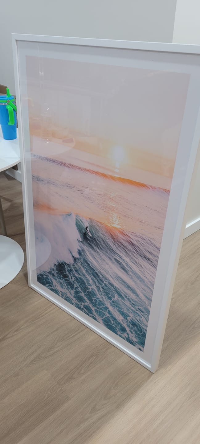 Customer photo review of Sunset Surfer Wall Art – Framed Ocean Wave Canvas Artwork, Golden Sea Design, Modern Coastal Decor for Home, Office