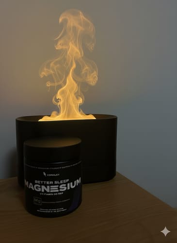 Customer's jar of Complex Sleep Magnesium on a wooden surface next to an atmospheric tabletop flame.