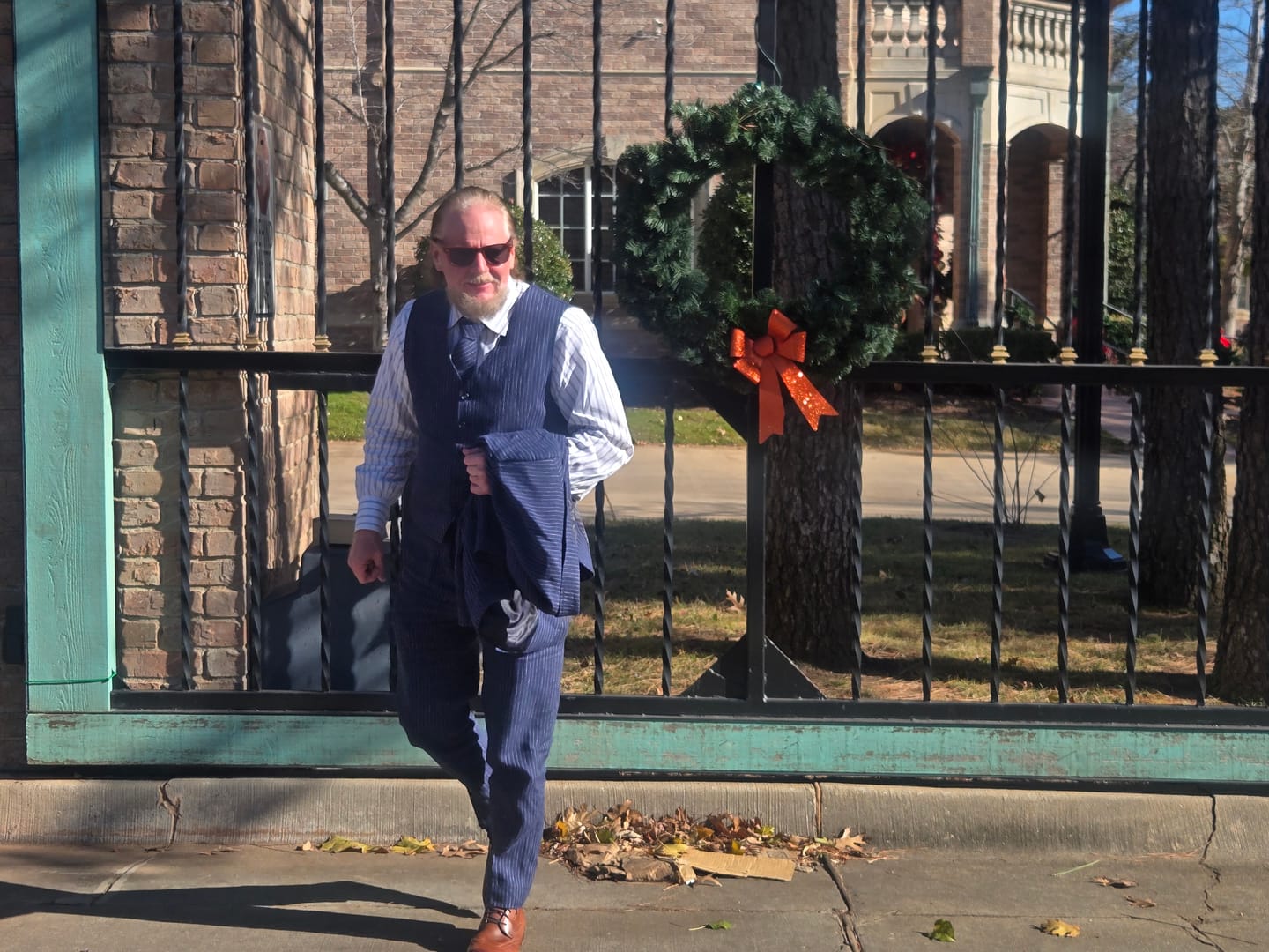 Customer photo review of Navy Pinstripe Linen 3 Piece Suit
