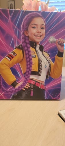 Customer's K-Pop Queen The Magic Beat canvas print, showing a personalized portrait of a girl with long purple braids.
