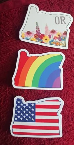 Customer's Oregon Rainbow Sticker displayed with two other Oregon-shaped stickers on a red textured surface.