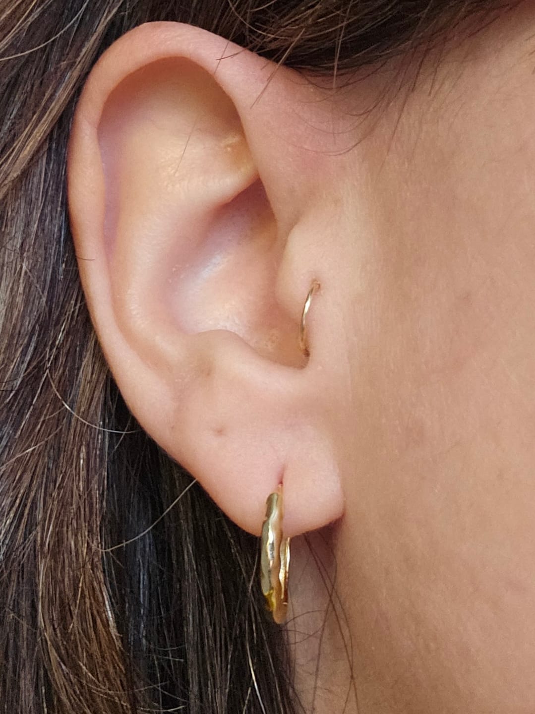 Customer photo review of Gold Vermeil Chunky Hammered Huggie Hoops