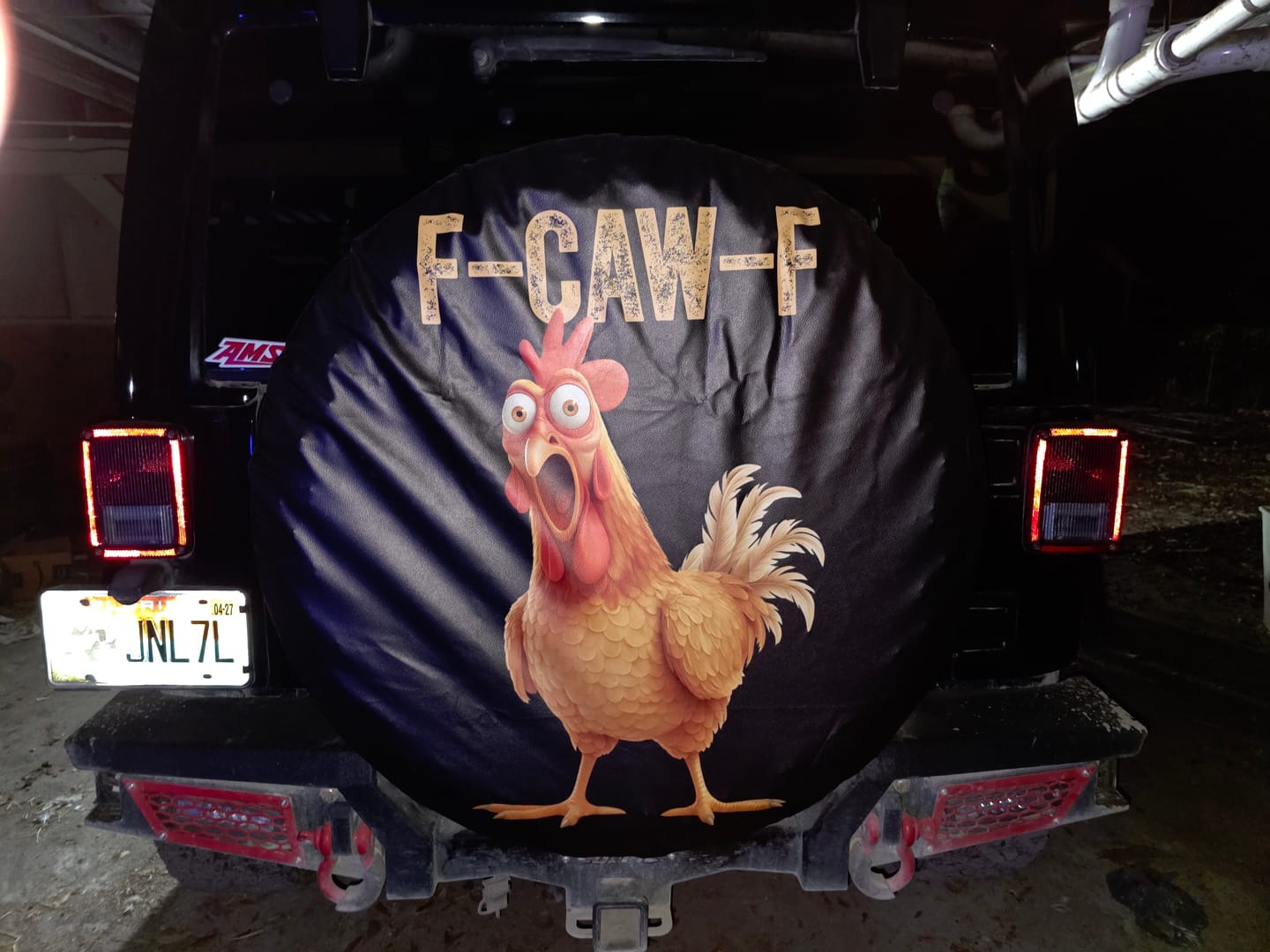 Customer photo review of Funny F Caw F Chicken Meme Graphic Spare Tire Cover Hilarious Cartoon Poultry Humor TS02