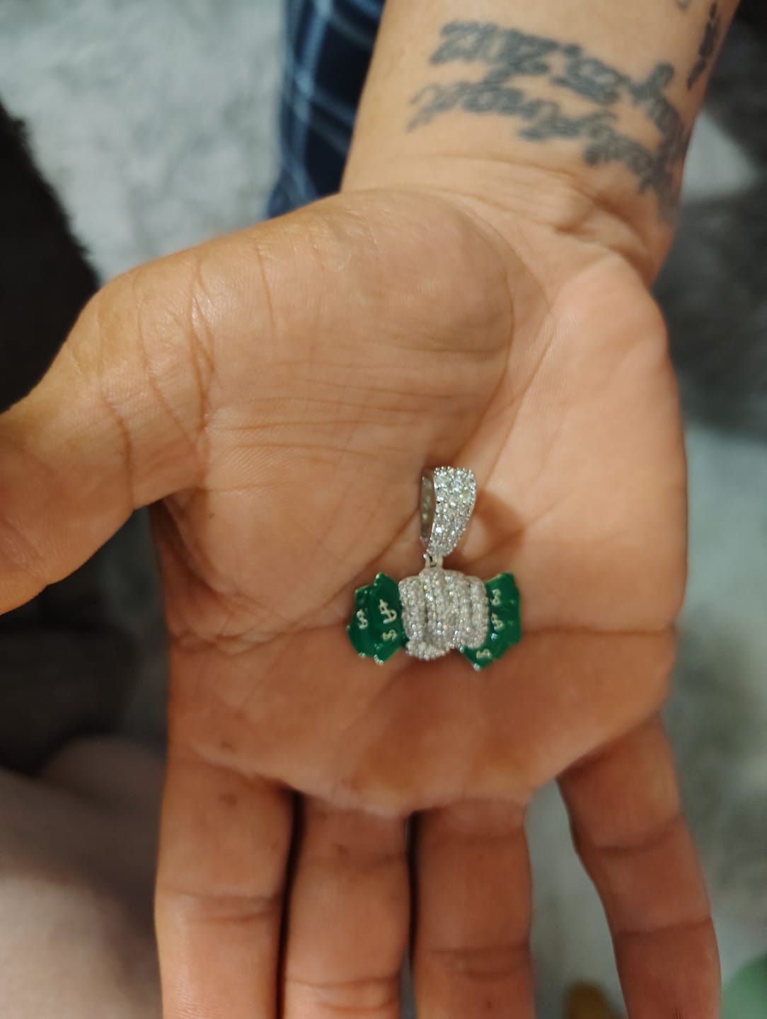 Customer photo review of Money Grab Pendant - White Gold