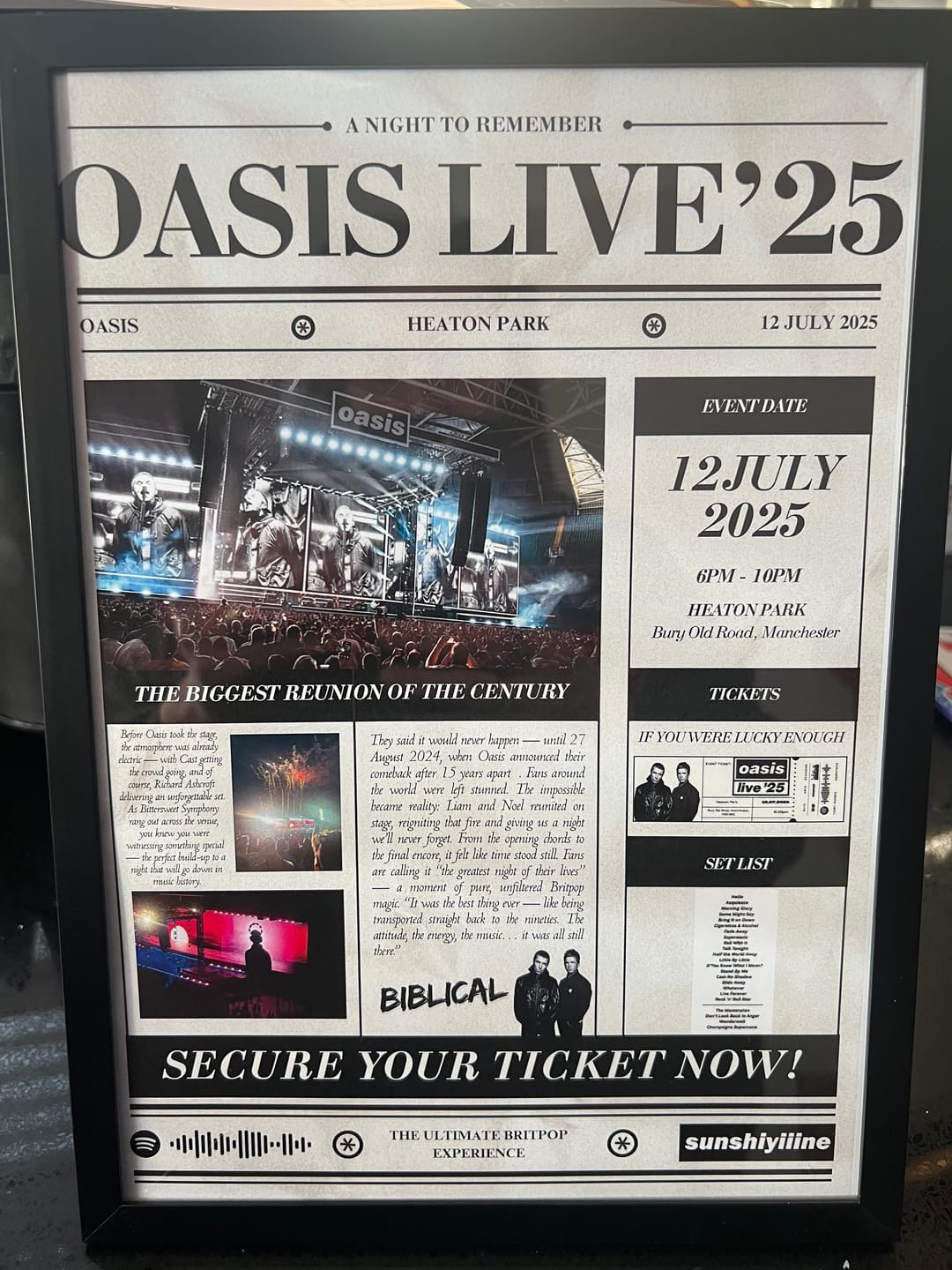 Customer photo review of Oasis Live'25 Personalised Newspaper Poster - Oasis Inspired Print