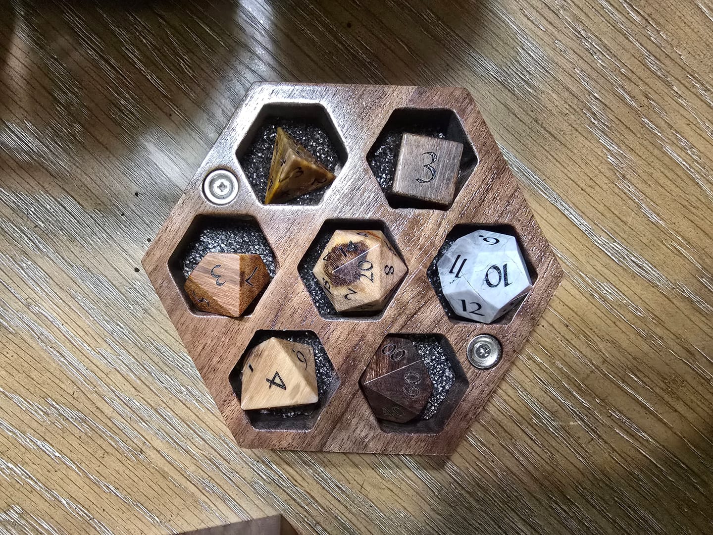Customer photo review of URWizards D&D Petrified Wood Gemstone Engraved Dice Set(Limited edition)