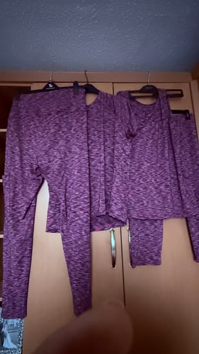 Customer's two gym outfits made from the purple Melange Active Wear Sports Jersey Fabric.