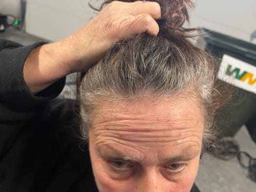 Reviewer showing gray roots and hairline before using the Instant Dye Shampoo.